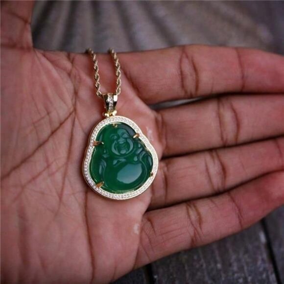 14K Gold Plated Green Jade Buddha Pendant Necklace With Lab Simulated Diamonds - Picture 6 of 6